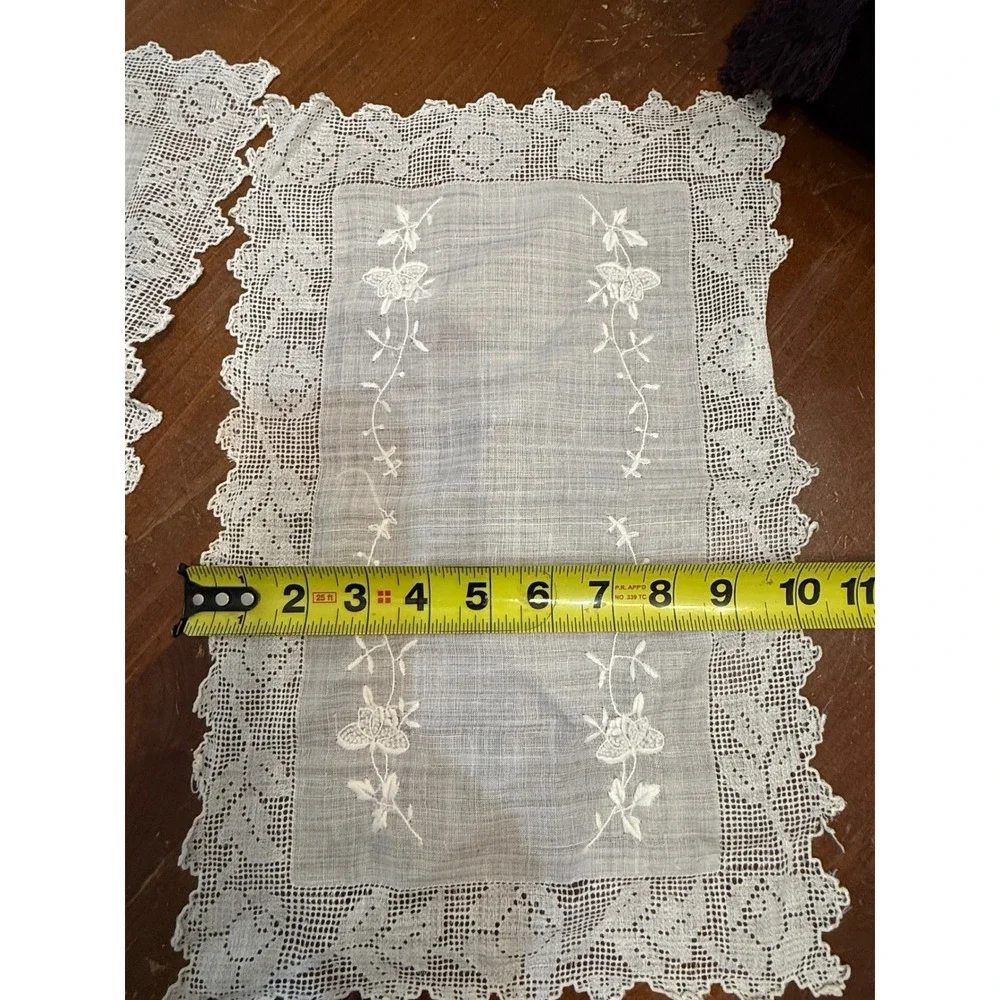Vintage White Linen Lace Placemats Set of 2 Floral Embroidered Scalloped Edge